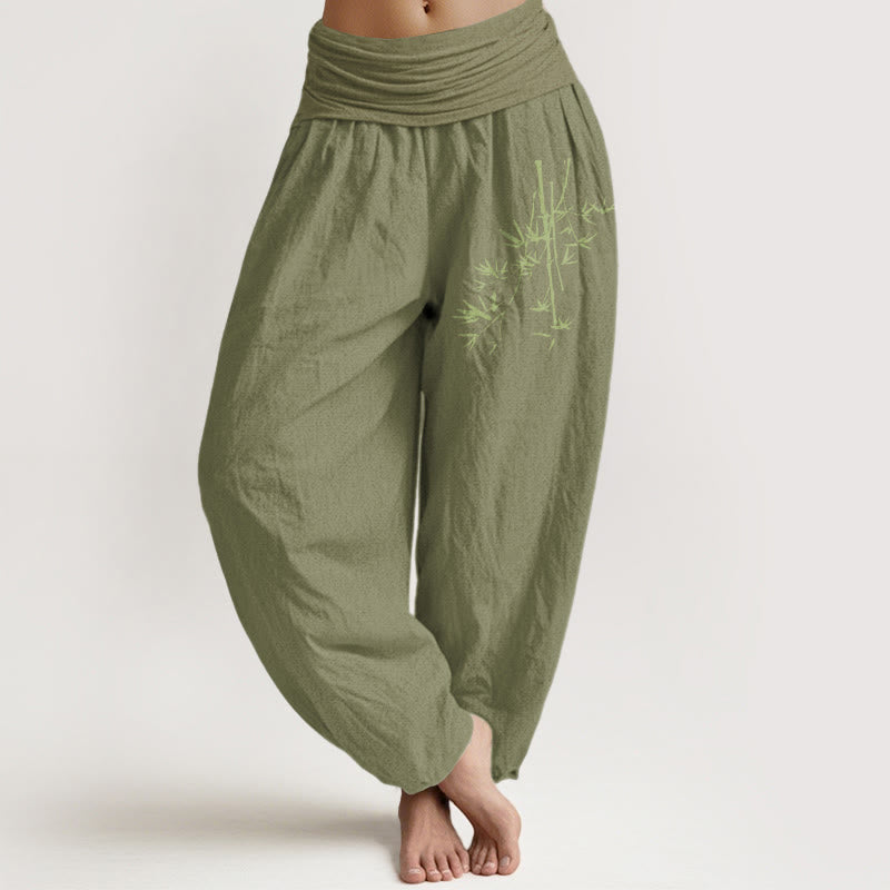 Buddha Stones, Bambusstämme, Blätter-Muster, Damen-Haremshose aus Baumwolle mit elastischer Taille - Olivgrün - US22， UK/AU26，EU54 (6XL) - image 14