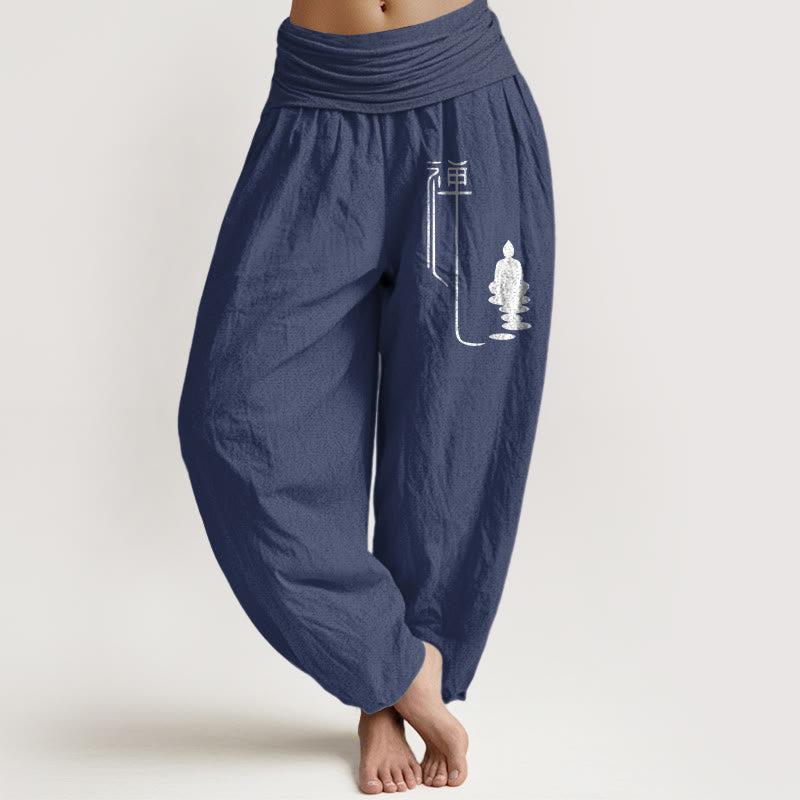 Buddha Stones Zen Buddhistisches Muster Damen Haremshose aus Baumwolle mit elastischer Taille - DunkelSchieferblau - US22， UK/AU26，EU54 (6XL) - image 0