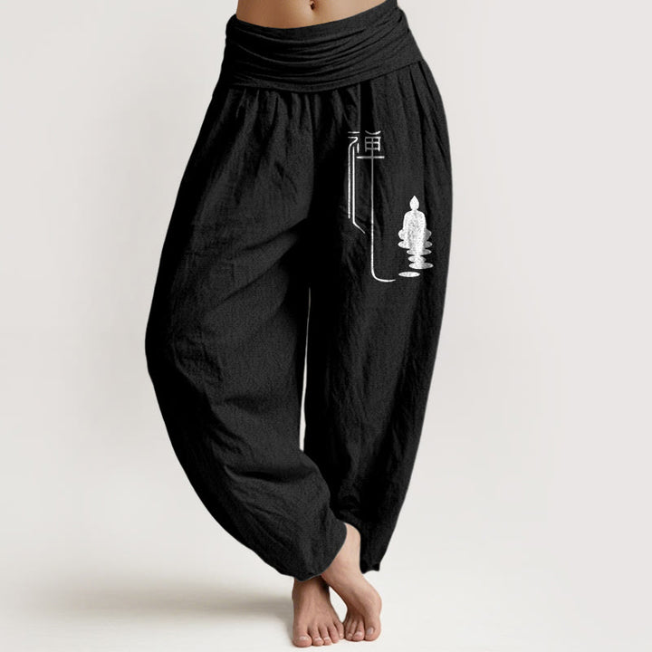 Buddha Stones Zen Buddhistisches Muster Damen Haremshose aus Baumwolle mit elastischer Taille - Schwarz - US22， UK/AU26，EU54 (6XL) - image 5