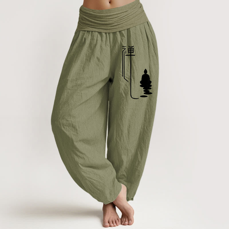Buddha Stones Zen Buddhistisches Muster Damen Haremshose aus Baumwolle mit elastischer Taille - Olivgrün - US22， UK/AU26，EU54 (6XL) - image 14