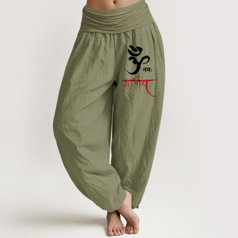 Buddha Stones Om Spells Muster Damen Haremshose aus Baumwolle mit elastischer Taille - Olivgrün - US22， UK/AU26，EU54 (6XL) - image 0