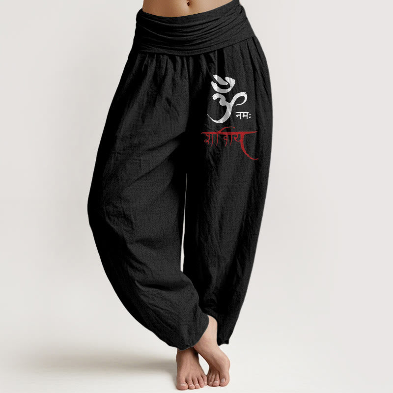 Buddha Stones Om Spells Muster Damen Haremshose aus Baumwolle mit elastischer Taille - Schwarz - US22， UK/AU26，EU54 (6XL) - image 5