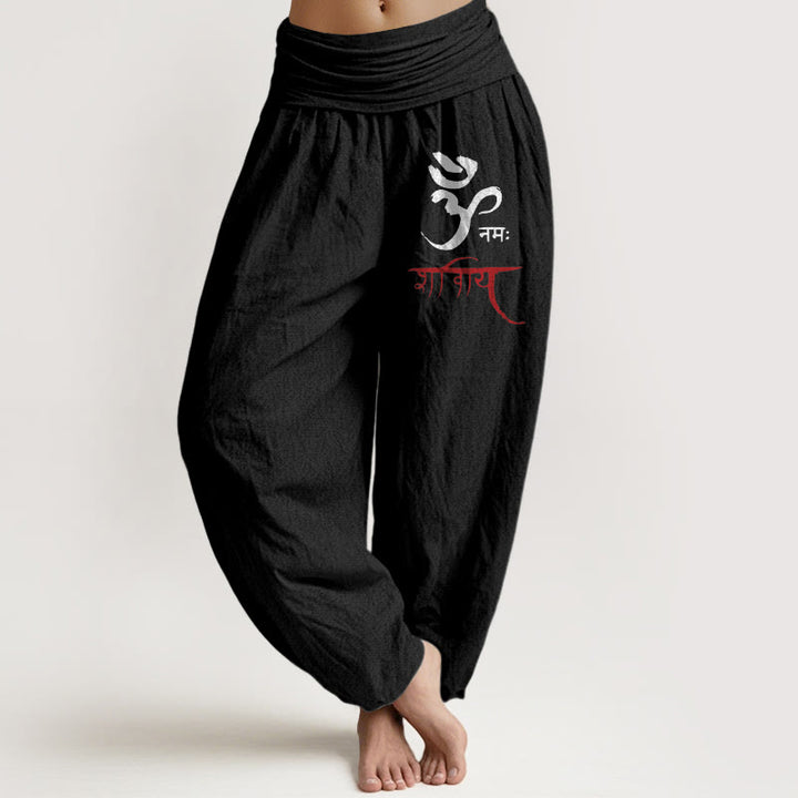 Buddha Stones Om Spells Muster Damen Haremshose aus Baumwolle mit elastischer Taille - Schwarz - US22， UK/AU26，EU54 (6XL) - image 5