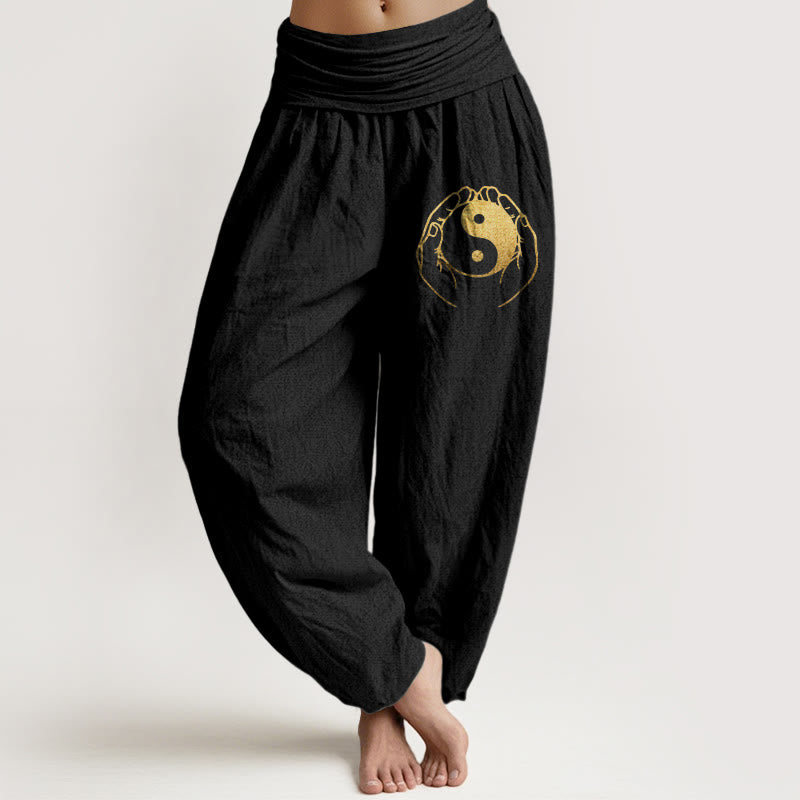 Buddha Stones Yin Yang Handmuster Damen Haremshose aus Baumwolle mit elastischer Taille - Schwarz - US22, UK/AU26, EU54 (6XL) - image 0