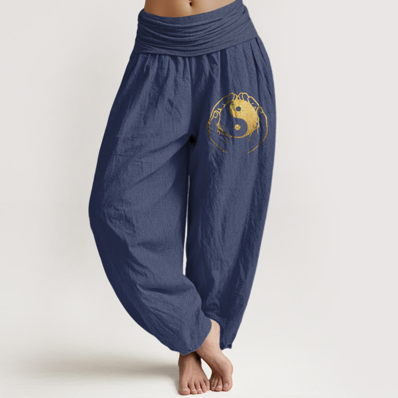Buddha Stones Yin Yang Handmuster Damen Haremshose aus Baumwolle mit elastischer Taille - DunkelSchieferblau - US22， UK/AU26，EU54 (6XL) - image 5