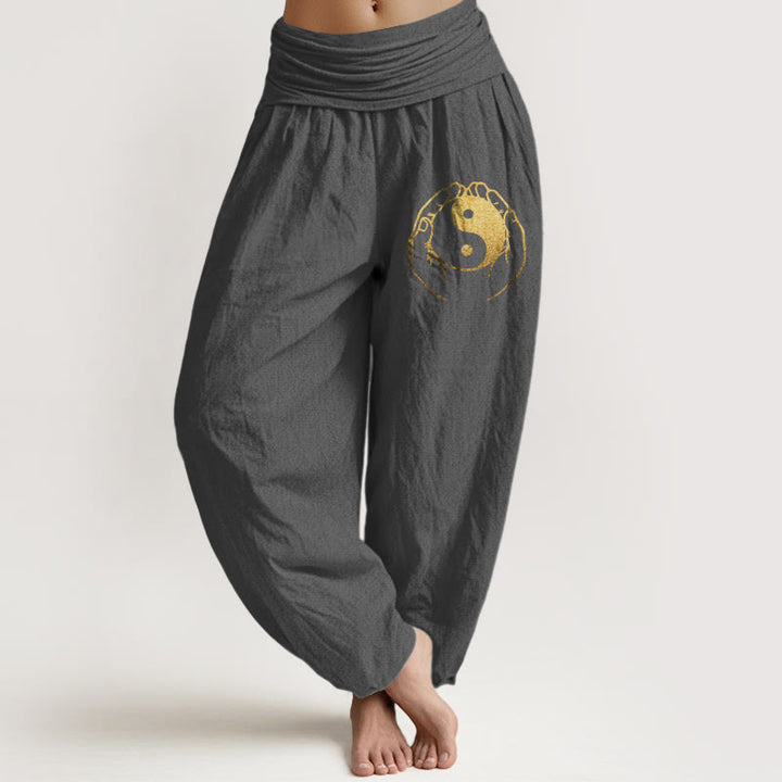 Buddha Stones Yin Yang Handmuster Damen Haremshose aus Baumwolle mit elastischer Taille - DimGray - US22, UK/AU26, EU54 (6XL) - image 8