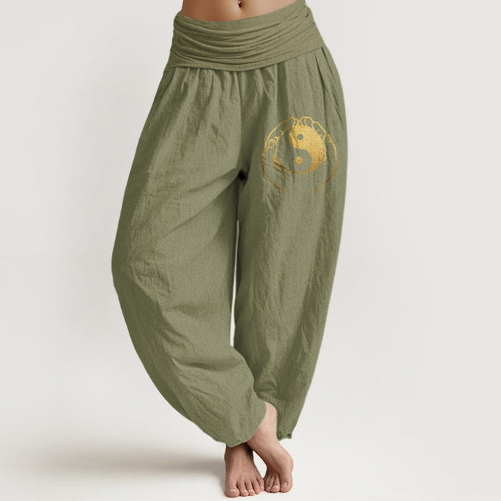 Buddha Stones Yin Yang Handmuster Damen Haremshose aus Baumwolle mit elastischer Taille - Olivgrün - US22, UK/AU26, EU54 (6XL) - image 14