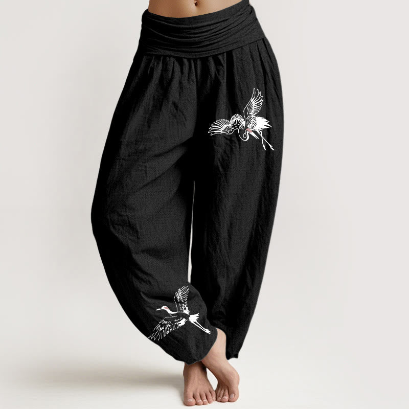 Buddha Stones Flying Mandschurenkraniche Muster Damen Haremshose aus Baumwolle mit elastischer Taille - Schwarz - US22， UK/AU26，EU54 (6XL) - image 0