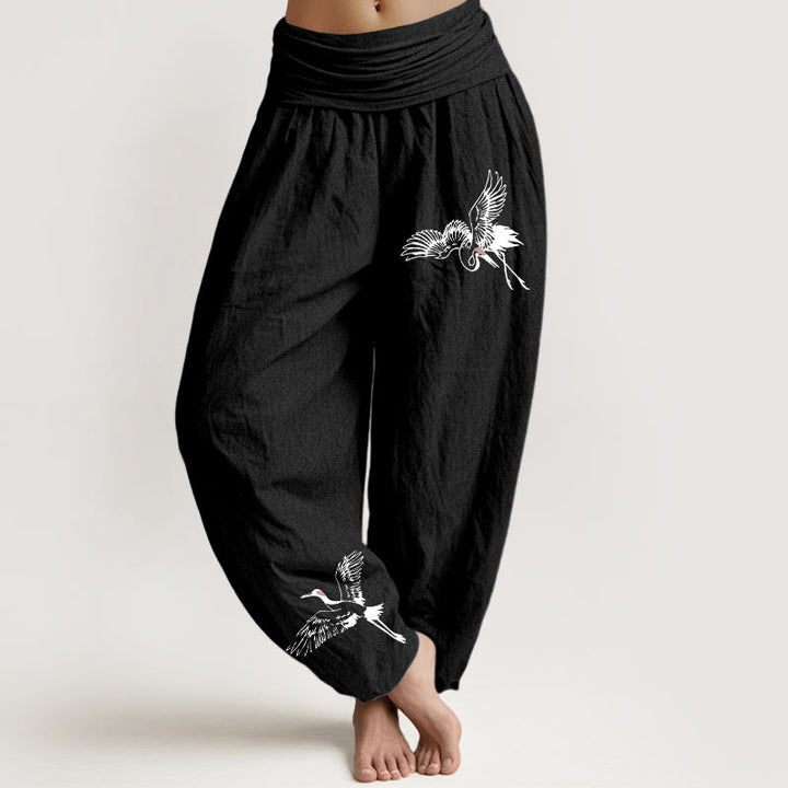 Buddha Stones Flying Mandschurenkraniche Muster Damen Haremshose aus Baumwolle mit elastischer Taille - Schwarz - US22， UK/AU26，EU54 (6XL) - image 0
