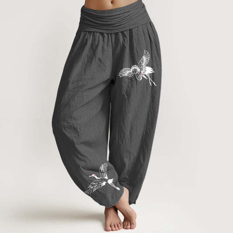 Buddha Stones Flying Mandschurenkraniche Muster Damen Haremshose aus Baumwolle mit elastischer Taille - Dunkelgrau - US22， UK/AU26，EU54 (6XL) - image 8