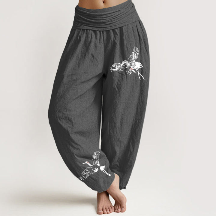 Buddha Stones Flying Mandschurenkraniche Muster Damen Haremshose aus Baumwolle mit elastischer Taille - Dunkelgrau - US22， UK/AU26，EU54 (6XL) - image 8