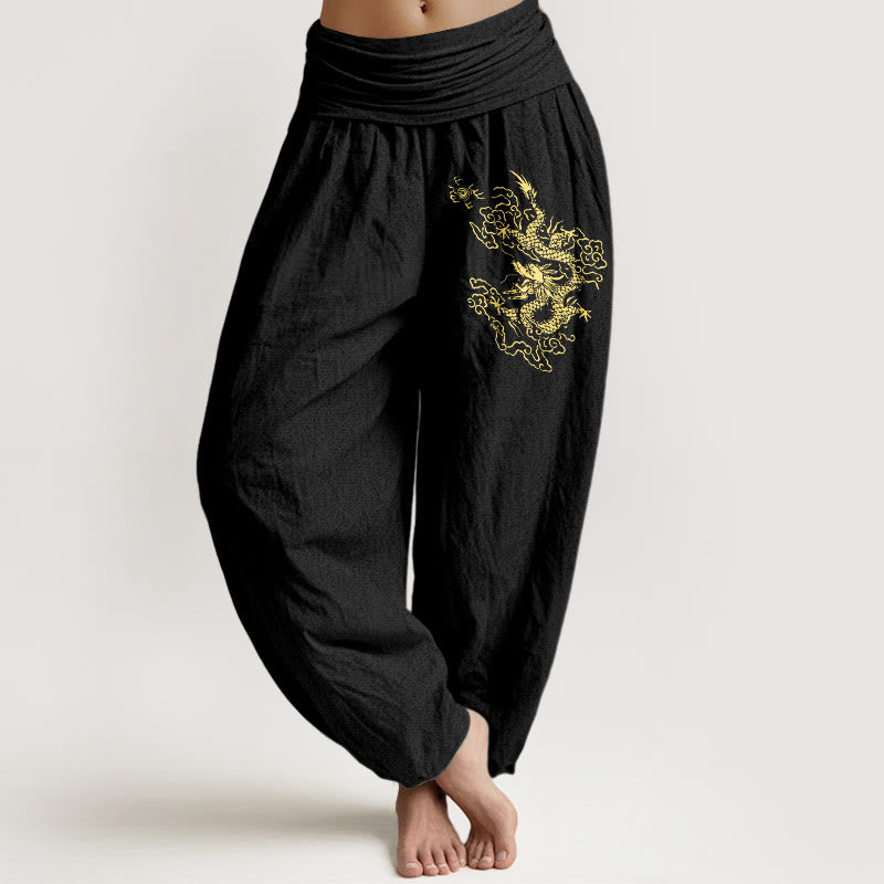 Buddha Stones Golden Dragon Print Pattern Damen Haremshose aus Baumwolle mit elastischer Taille - Schwarz - US22， UK/AU26，EU54 (6XL) - image 0