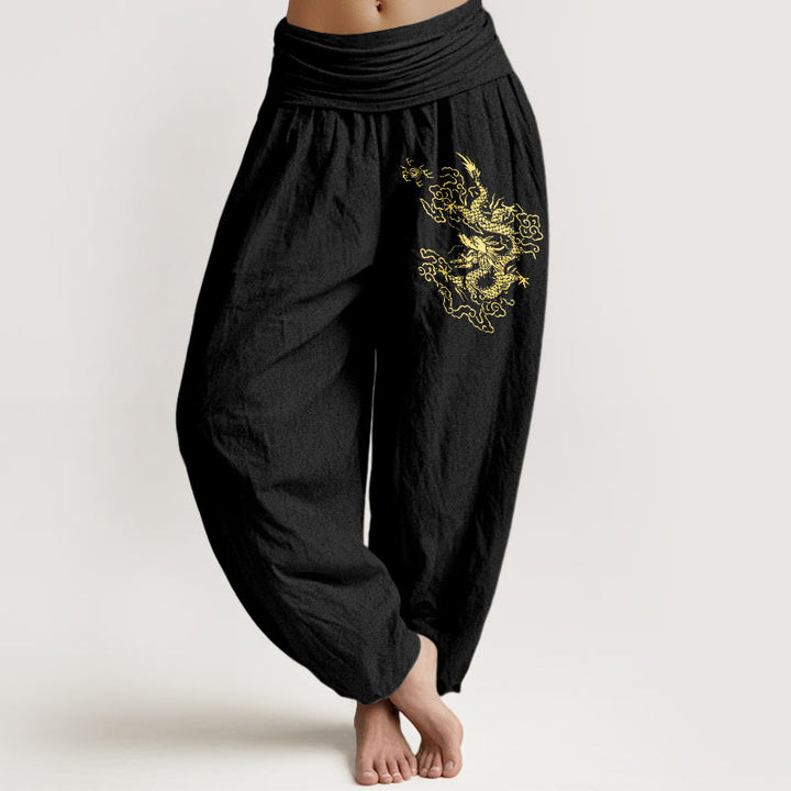 Buddha Stones Golden Dragon Print Pattern Damen Haremshose aus Baumwolle mit elastischer Taille - Schwarz - US22， UK/AU26，EU54 (6XL) - image 0