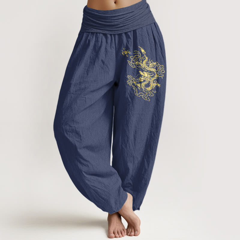 Buddha Stones Golden Dragon Print Pattern Damen Haremshose aus Baumwolle mit elastischer Taille - DunkelSchieferblau - US22， UK/AU26，EU54 (6XL) - image 5