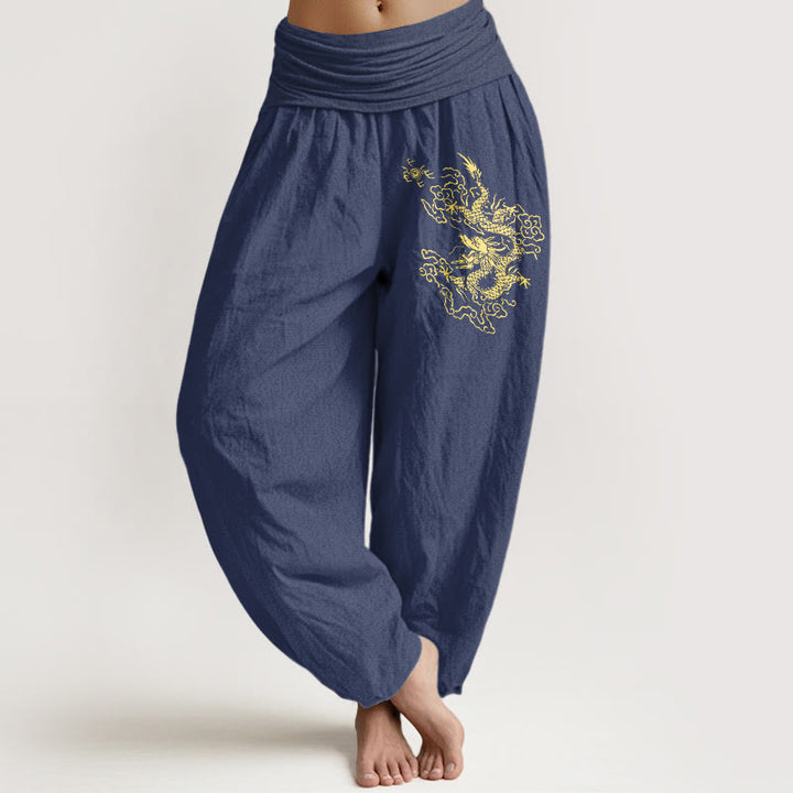 Buddha Stones Golden Dragon Print Pattern Damen Haremshose aus Baumwolle mit elastischer Taille - DunkelSchieferblau - US22， UK/AU26，EU54 (6XL) - image 5
