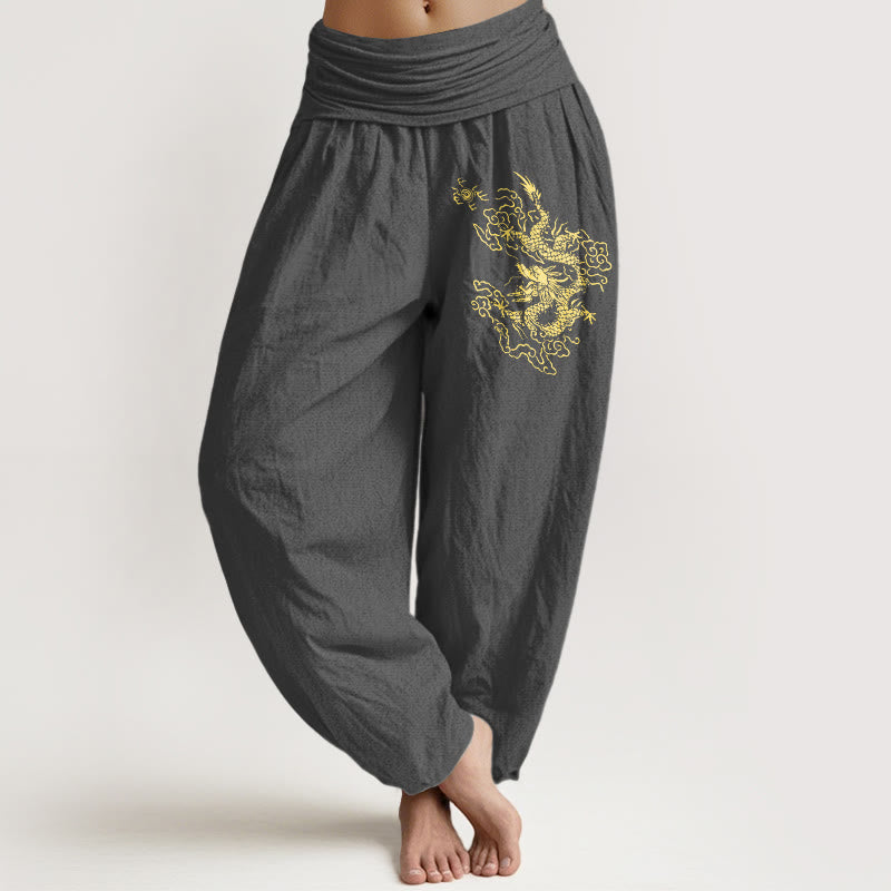 Buddha Stones Golden Dragon Print Pattern Damen Haremshose aus Baumwolle mit elastischer Taille - Dunkelgrau - US22， UK/AU26，EU54 (6XL) - image 8