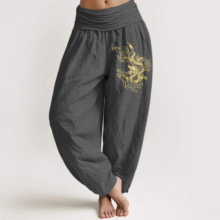 Buddha Stones Golden Dragon Print Pattern Damen Haremshose aus Baumwolle mit elastischer Taille - Dunkelgrau - US22， UK/AU26，EU54 (6XL) - image 8