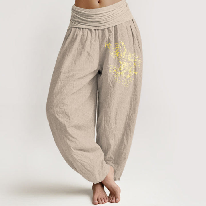 Buddha Stones Golden Dragon Print Pattern Damen Haremshose aus Baumwolle mit elastischer Taille - Bräunen - US22， UK/AU26，EU54 (6XL) - image 11