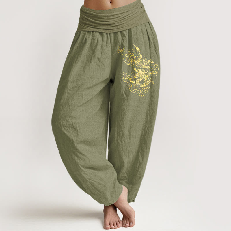 Buddha Stones Golden Dragon Print Pattern Damen Haremshose aus Baumwolle mit elastischer Taille - Olivgrün - US22， UK/AU26，EU54 (6XL) - image 14