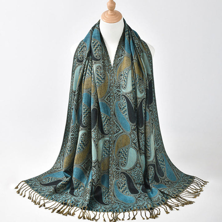 Buddha Stones ​​Herbst Cashew Blume Geometrie Muster Quaste Gemütlicher Schal Schal - CadetBlue - 175*70CM - image 2