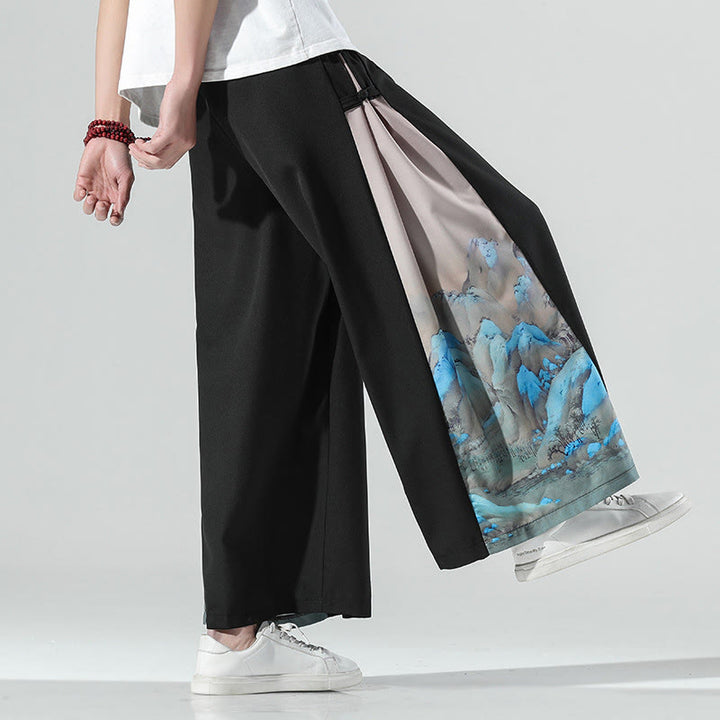 Buddha Stones Herrenhose mit weitem Bein und Taschen, Muster „Berge und Flüsse“ - image 5