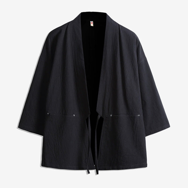 Buddha Stones , einfarbige, geschnürte Dreiviertelarm-Jacke mit offener Vorderseite, Herrenkimono - Schwarz - US/ UK/AU48, EU58 (5XL) - image 2
