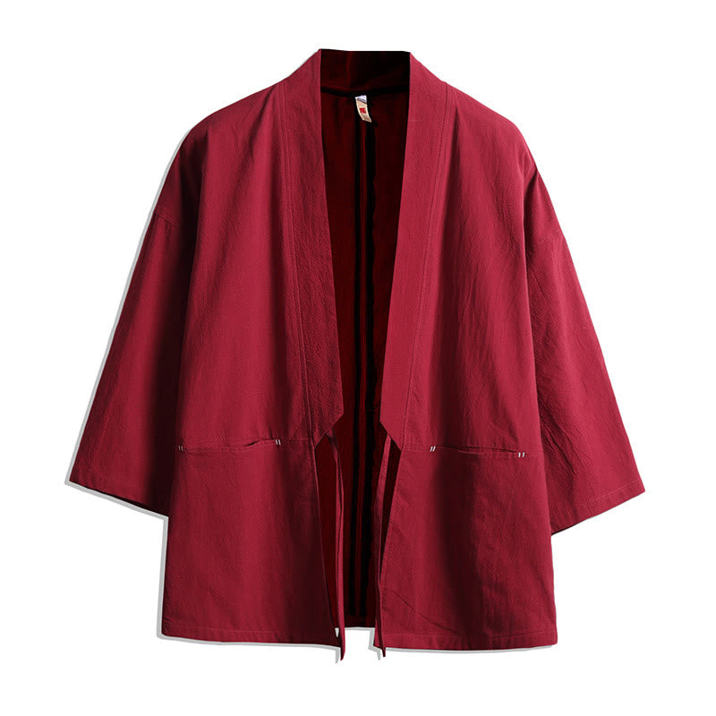 Buddha Stones , einfarbige, geschnürte Dreiviertelarm-Jacke mit offener Vorderseite, Herrenkimono - Rot - US/ UK/AU48, EU58 (5XL) - image 6