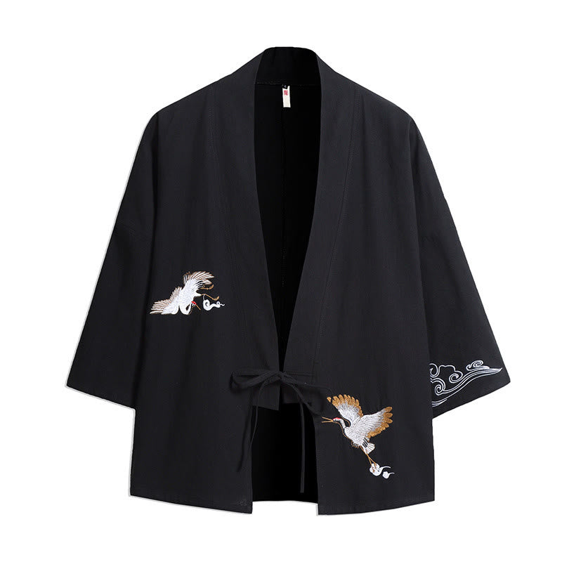 Buddha Stones, weißer Kranich, glückverheißende Wolken, Stickerei, Dreiviertelärmel, Herren-Kimono - Schwarz - US/ UK/AU46，EU56 (5XL) - image 2