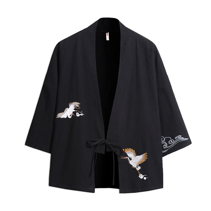 Buddha Stones, weißer Kranich, glückverheißende Wolken, Stickerei, Dreiviertelärmel, Herren-Kimono - Schwarz - US/ UK/AU46，EU56 (5XL) - image 2