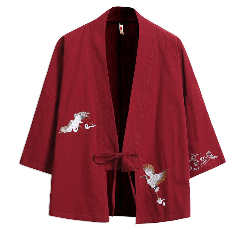 Buddha Stones, weißer Kranich, glückverheißende Wolken, Stickerei, Dreiviertelärmel, Herren-Kimono - Rot - US/ UK/AU46，EU56 (5XL) - image 4