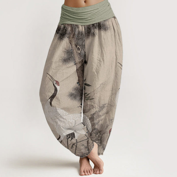 Buddha Stones Damen-Haremshose aus reiner Baumwolle mit elastischer Taille und Mandschurenkranich-Kiefern-Bergmotiv - Weizen - US22, UK/AU26, EU54 (6XL) - image 0