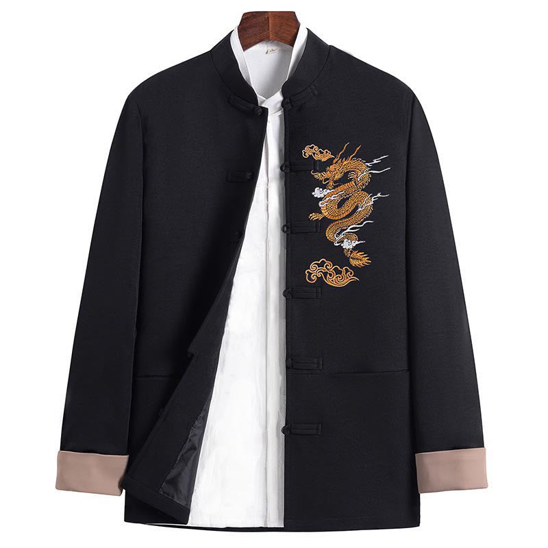 Buddha Stones Stickerei Drache Frosch-Knopf-Design Langarm Herrenjacke - Schwarz - US/ UK/AU44，EU54 (4XL) - image 0