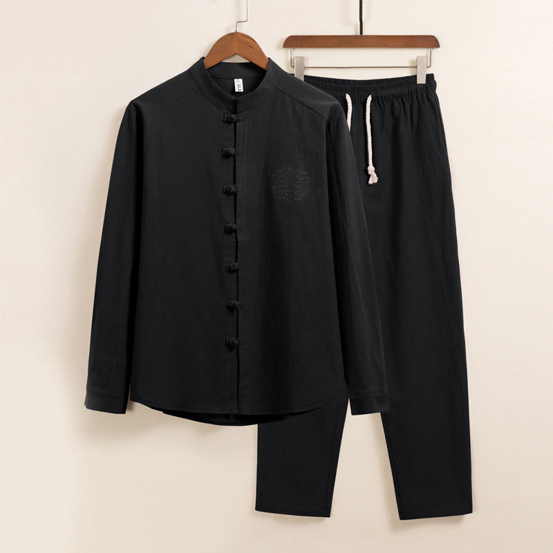 Buddha Stones 2-teiliges schlichtes Herren-Set mit Froschknöpfen, langärmelig, Baumwollhemd und Hose mit Taschen - Schwarz - US/ UK/AU46，EU56 (5XL) - image 0