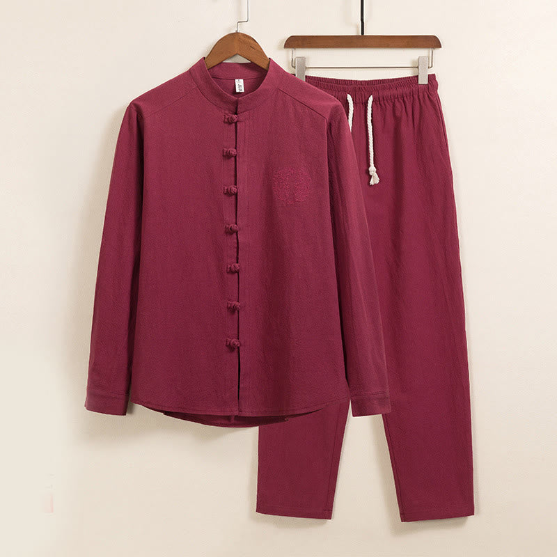 Buddha Stones 2-teiliges schlichtes Herren-Set mit Froschknöpfen, langärmelig, Baumwollhemd und Hose mit Taschen - Schamottestein - US/ UK/AU46，EU56 (5XL) - image 2