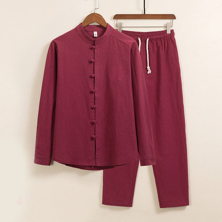 Buddha Stones 2-teiliges schlichtes Herren-Set mit Froschknöpfen, langärmelig, Baumwollhemd und Hose mit Taschen - Schamottestein - US/ UK/AU46，EU56 (5XL) - image 2