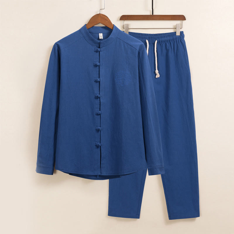 Buddha Stones 2-teiliges schlichtes Herren-Set mit Froschknöpfen, langärmelig, Baumwollhemd und Hose mit Taschen - Königsblau - US/UK/AU46, EU56 (5XL) - image 14