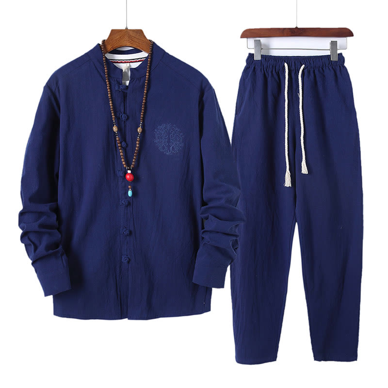 Buddha Stones 2-teiliges, einfarbiges Herren-Set mit Froschknöpfen, langärmeligen Hemden und Hosen aus Baumwolle mit Taschen - Königsblau - US/UK/AU46, EU56 (5XL) - image 19