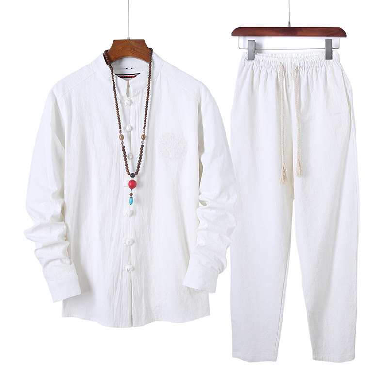 Buddha Stones 2-teiliges, einfarbiges Herren-Set mit Froschknöpfen, langärmeligen Hemden und Hosen aus Baumwolle mit Taschen - Weiß - US/ UK/AU46，EU56 (5XL) - image 9