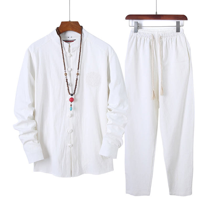 Buddha Stones 2-teiliges, einfarbiges Herren-Set mit Froschknöpfen, langärmeligen Hemden und Hosen aus Baumwolle mit Taschen - Weiß - US/ UK/AU46，EU56 (5XL) - image 9