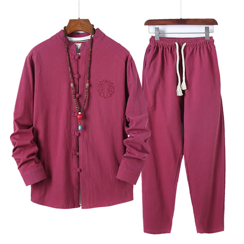 Buddha Stones 2-teiliges, einfarbiges Herren-Set mit Froschknöpfen, langärmeligen Hemden und Hosen aus Baumwolle mit Taschen - Feuerfestziegel - US/UK/AU46, EU56 (5XL) - image 29