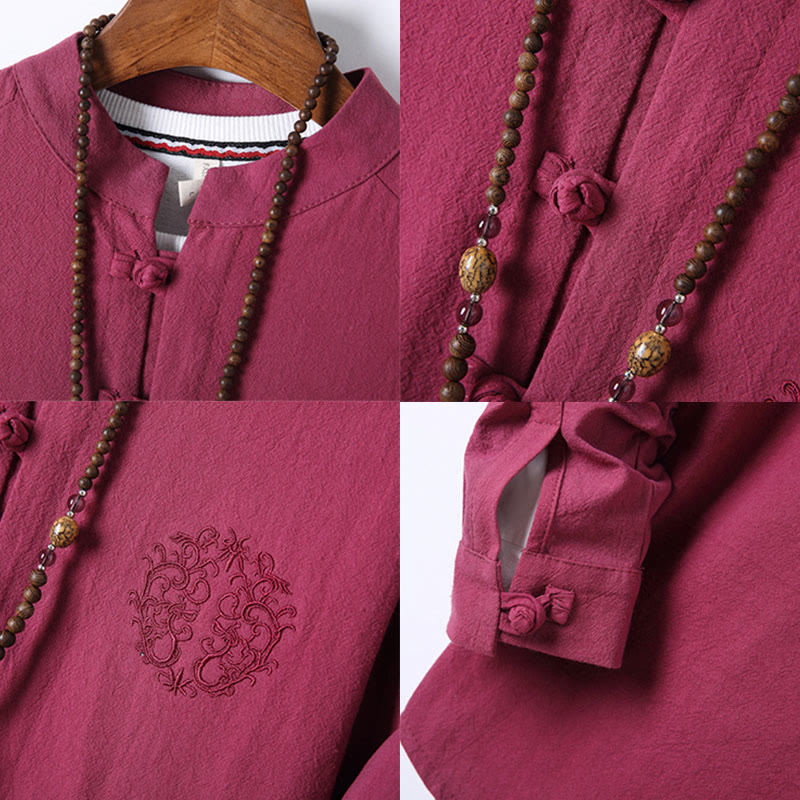 Buddha Stones 2-teiliges, einfarbiges Herren-Set mit Froschknöpfen, langärmeligen Hemden und Hosen aus Baumwolle mit Taschen - image 33