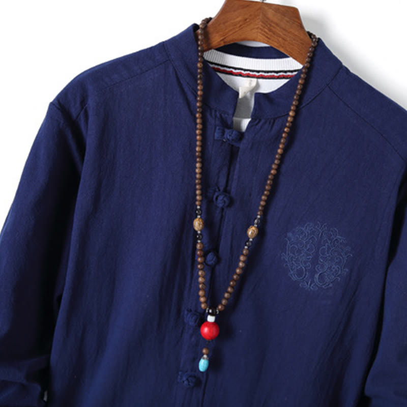 Buddha Stones 2-teiliges, einfarbiges Herren-Set mit Froschknöpfen, langärmeligen Hemden und Hosen aus Baumwolle mit Taschen - image 23