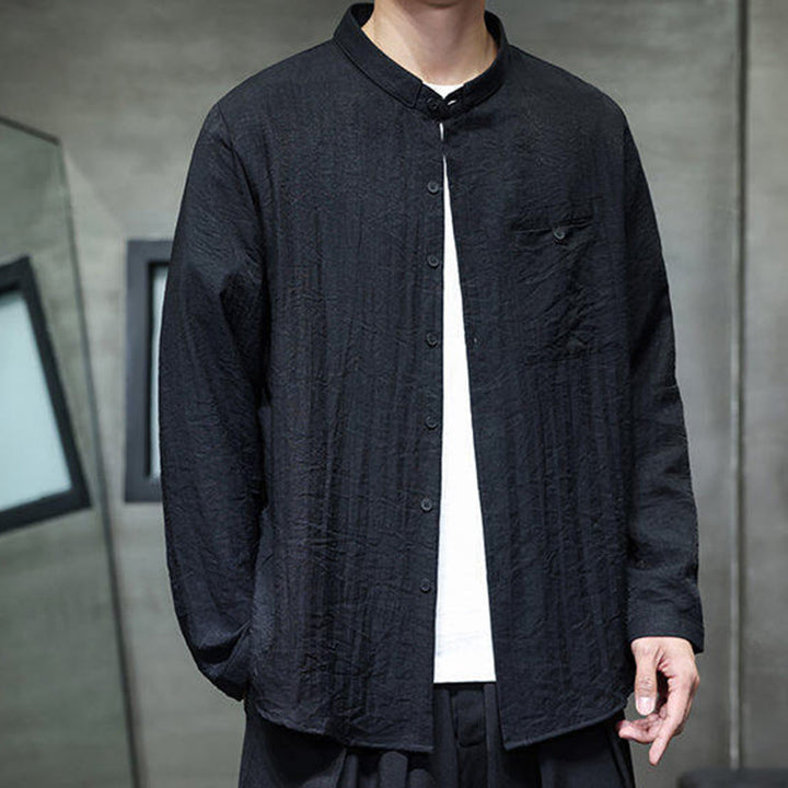 Buddha Stones Spring Herren Langarmhemd mit einfarbigem Knopfdesign - Schwarz - US/ UK/AU46，EU56 (5XL) - image 0