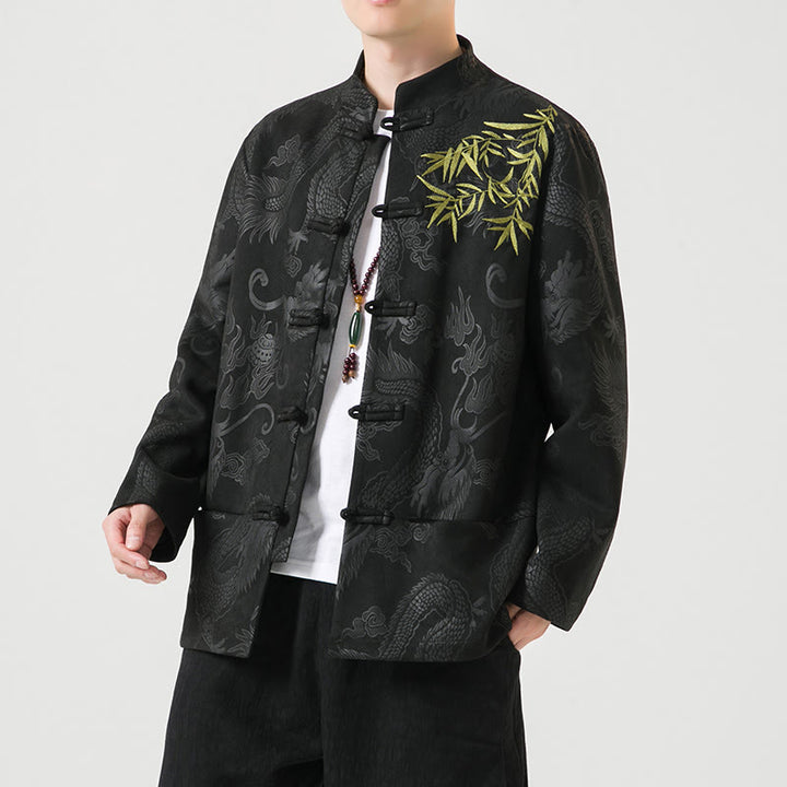 Buddha Stones Bambus Drache Frosch-Knopf-Design Langarm Herrenjacke - Schwarz - US/ UK/AU46，EU56 (5XL) - image 0