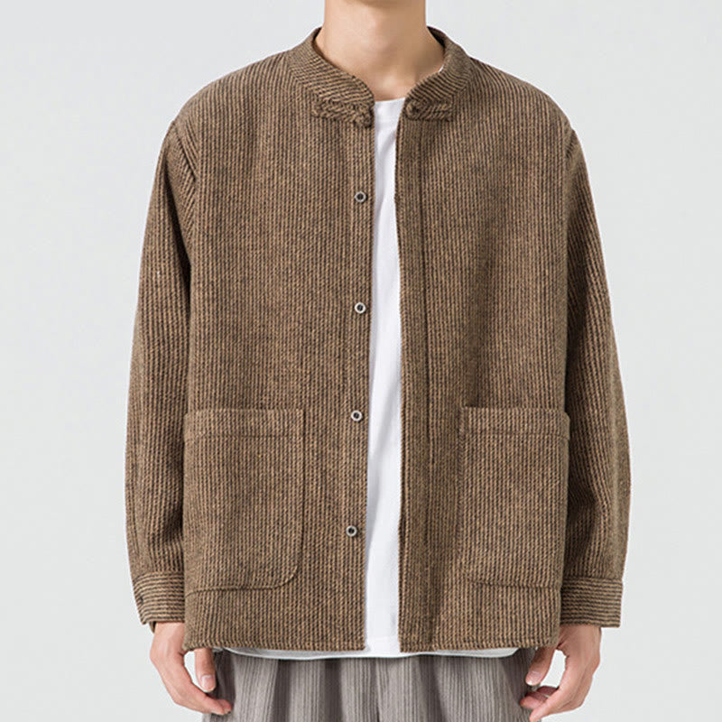 Buddha Stones Herren-Cordjacke aus Baumwolle mit Taschen und Froschknöpfen, einfarbig, langärmlig - Bräunen - US/ UK/AU48，EU58 (5XL) - image 0