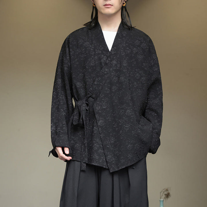 Buddha Stones Spring Herren-Langarmhemd mit V-Ausschnitt und Blumenmuster - Schwarz - US/ UK/AU50，EU60 (5XL) - image 0