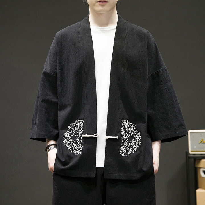 Buddha Stones Solid Auspicious Clouds Offene Vorderseite Langarmjacke Herren Baumwoll-Kimono - Schwarz - US/ UK/AU46，EU56 (5XL) - image 8
