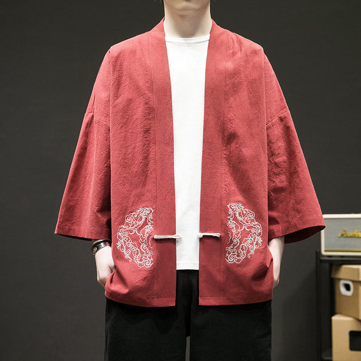 Buddha Stones Solid Auspicious Clouds Offene Vorderseite Langarmjacke Herren Baumwoll-Kimono - Tomate - US/ UK/AU46, EU56 (5XL) - image 6