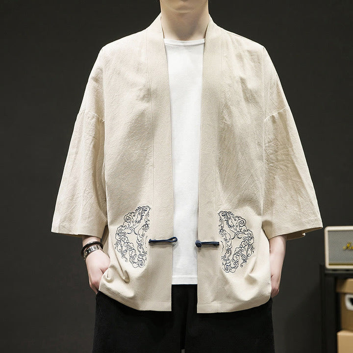 Buddha Stones Solid Auspicious Clouds Offene Vorderseite Langarmjacke Herren Baumwoll-Kimono - Maisseide - US/ UK/AU46，EU56 (5XL) - image 3