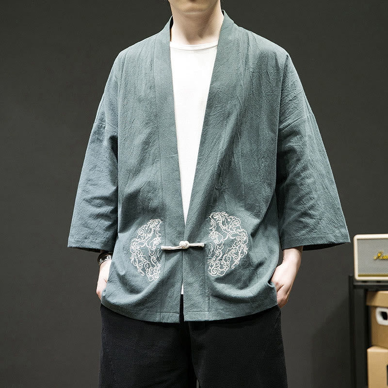 Buddha Stones Solid Auspicious Clouds Offene Vorderseite Langarmjacke Herren Baumwoll-Kimono - CadetBlue - US/ UK/AU46，EU56 (5XL) - image 0